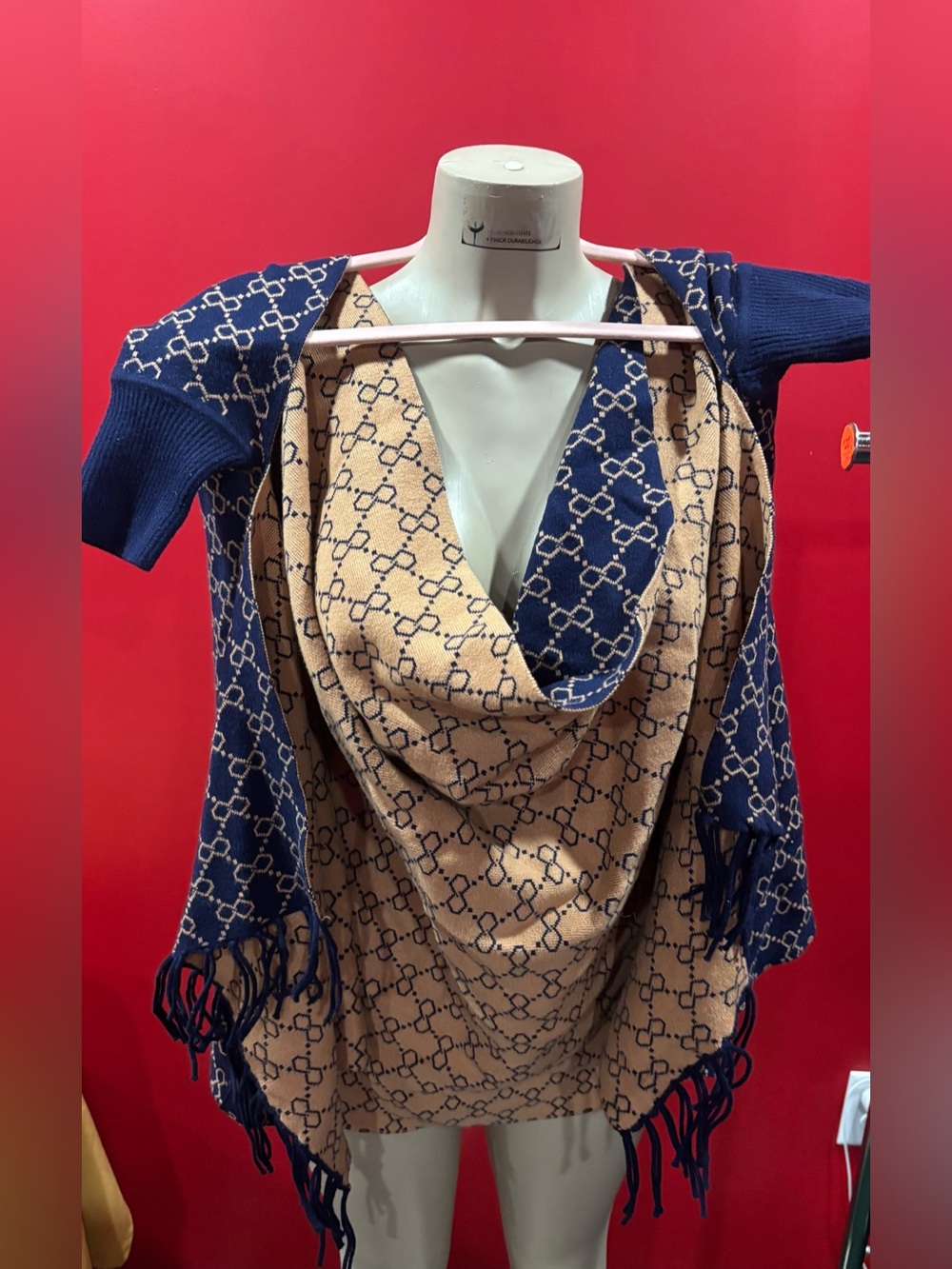 SHEIN Navy and Tan Patterned Fringe Cape